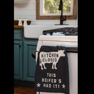 Primitives by Kathy Kitchen Closed Cow Towel Rustic Farmhouse Humor Decor NEW